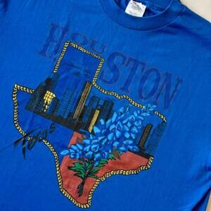 VTG 90s Blue Houston Texas Graphic T-Shirt Travel Vacation XL TX Space City